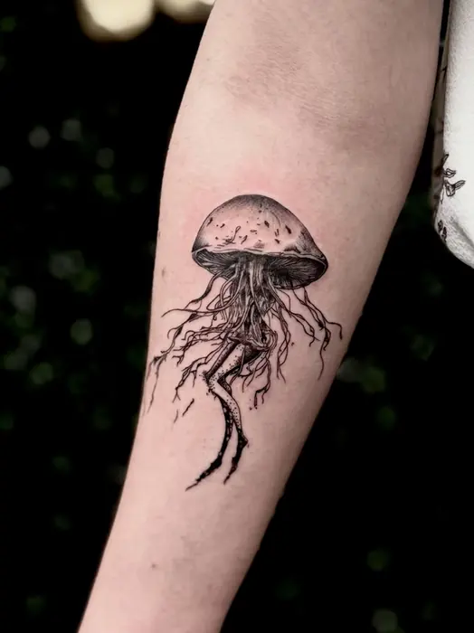 A fine line jellyfish on the inner forearm, trailing tentacles worked in light stipple.