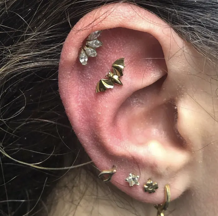 A curated ear: gold-set helix and conch pieces stepped up the rim with a flat-back stud in the lobe.