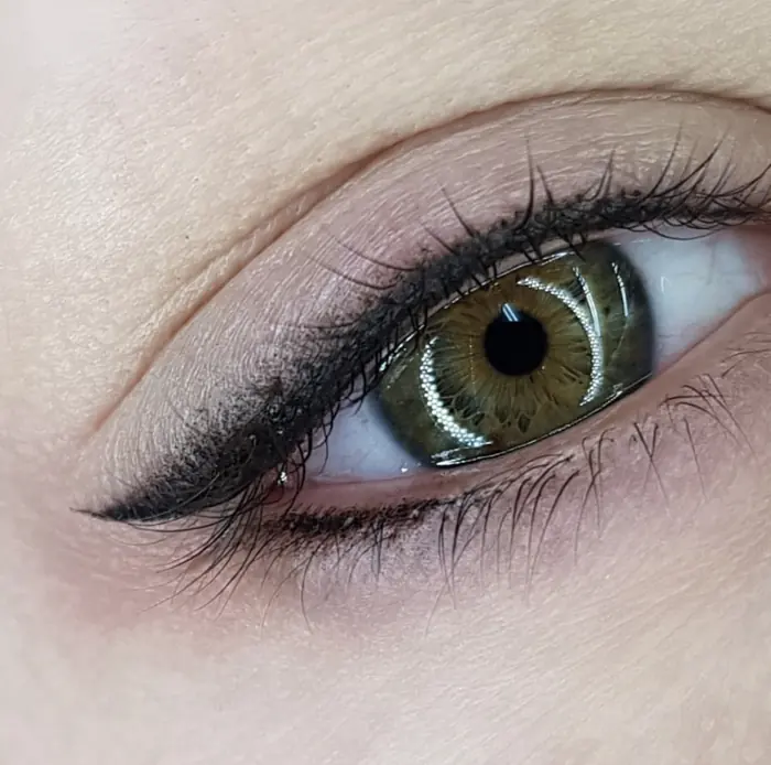 Permanent make-up: a healed upper eyeliner enhancement, shot close on a green eye.
